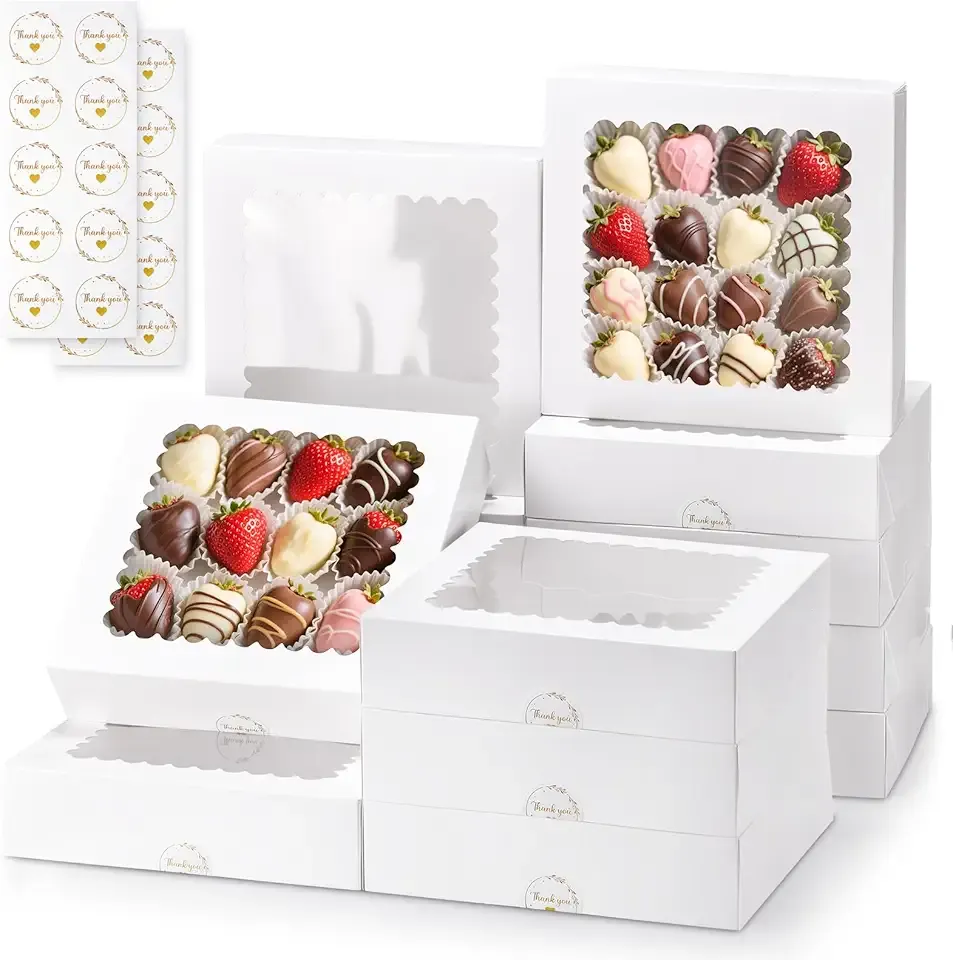 20 Pcs Bakery Boxes with Window, Auto-Pop-Up 10x10x2.5 inches White Treat Boxes for Chocolate Covered Strawberry, Pie, Donut, Pastry, Cookie and Dessert