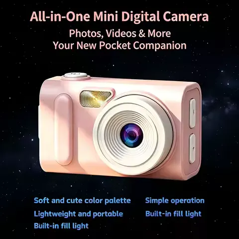 All-in-One Mini Digital Camera Pink Pocket Cam HD Photograph Video Camera Built-in Fill Light Portable Teen Girls Gift