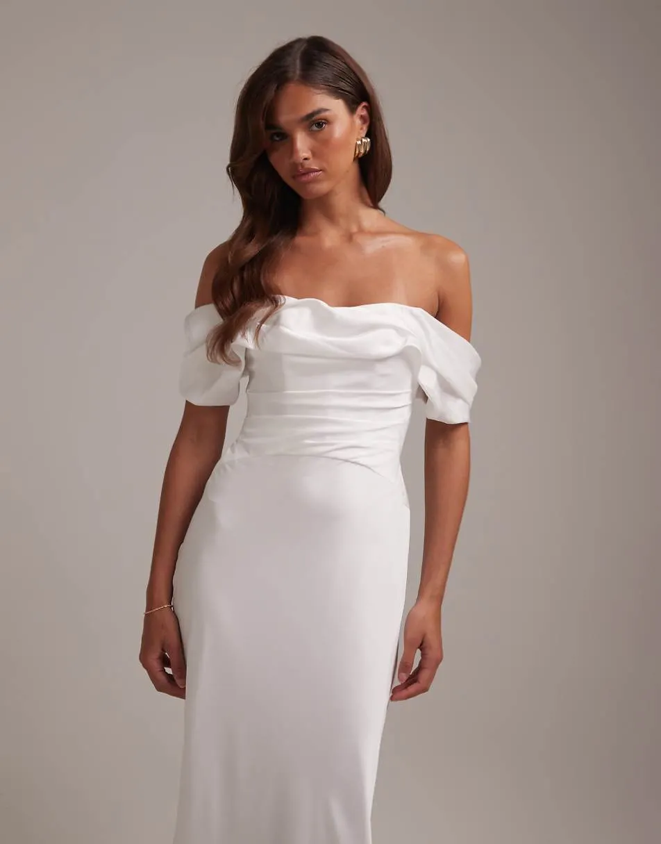 ASOS DESIGN bardot draped satin maxi wedding dress in ivory