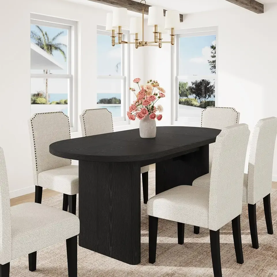 GarveeHome 63" Long Oval Dining Table with Wooden Base for 4-6 People | Farmhouse, 1.2" Thickened Tabletop, Modern, 3.5" x 19.7" Thick Sturdy Wooden Base, for Dining Room, Kitchen, Living Room
