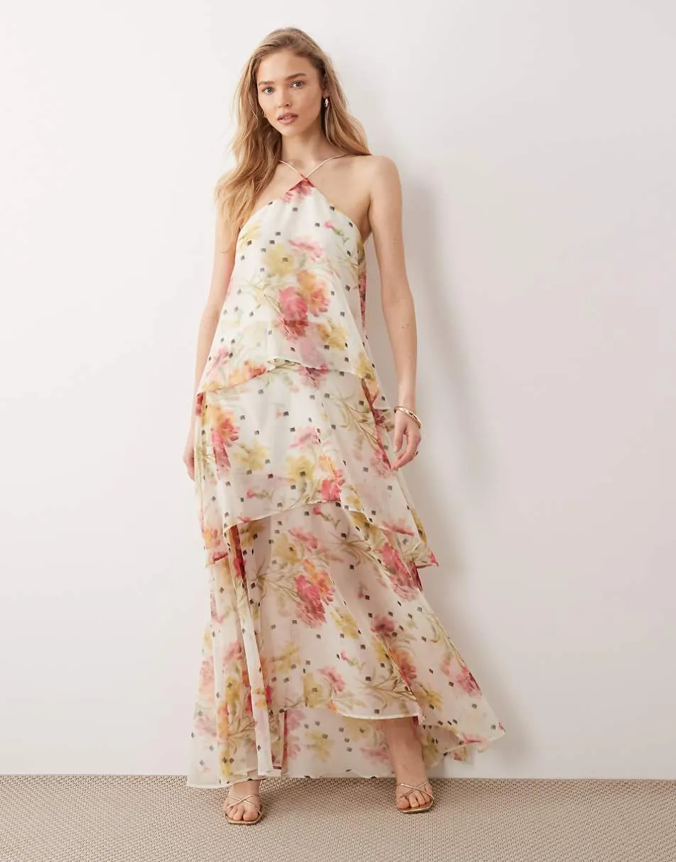 ASOS DESIGN halter neck chiffon midi dress in pink and white floral print