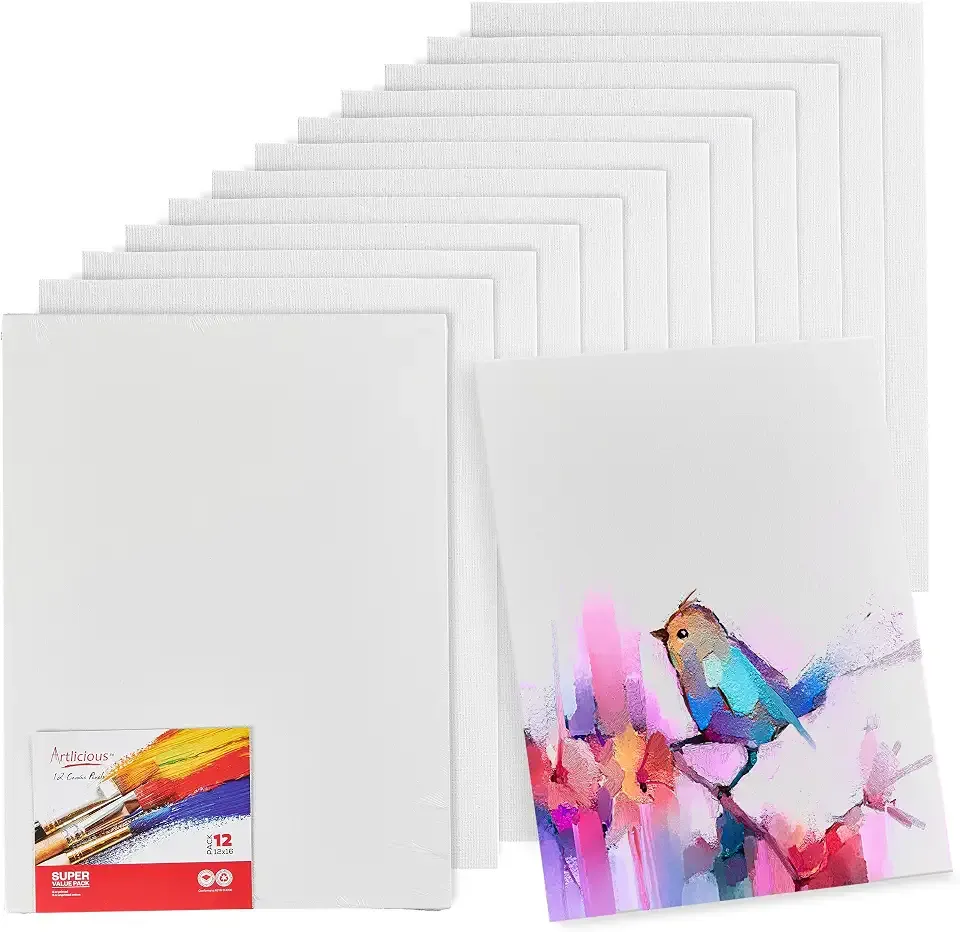 Artlicious Canvases for Painting - Pack of 12, 12 x 16 Inch Blank White Canvas Boards - 100% Cotton Art Panels for Oil, Acrylic & Watercolor Paint