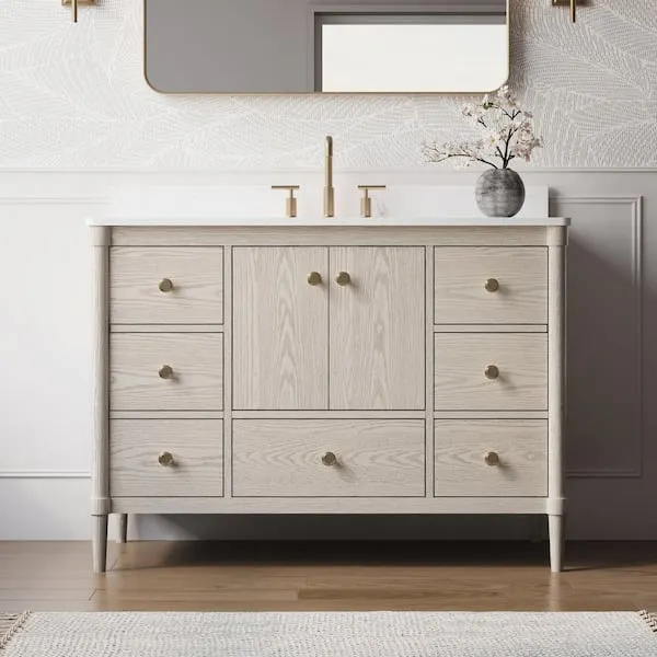 WELLFOR ETHAN 48 in. W x 22 in. D x 35 in. H Freestanding Solid Wood Bath Vanity in OAK with Quartz Top