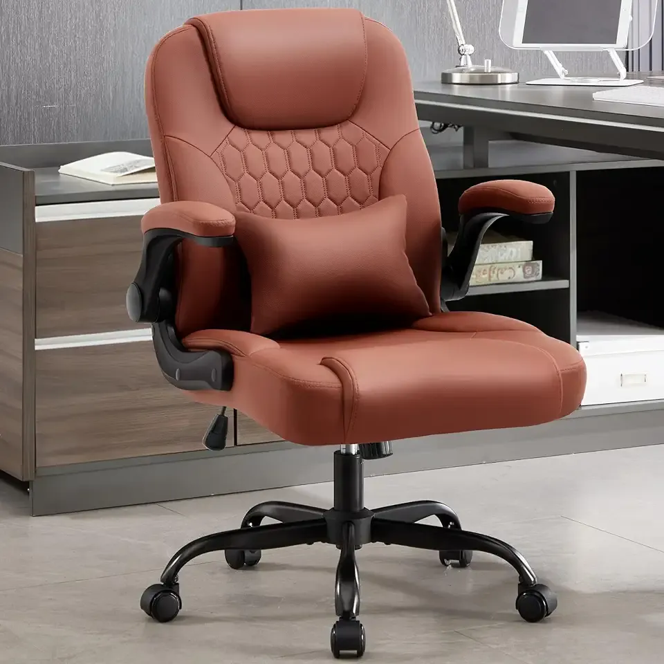 Executive Office Chair PU,Leather Office Chair with Wheels,360° Swivel Rolling Chair with Padded Arms,Ergonomic Computer Chair with Lumbar Support for Short People Use(Brown)