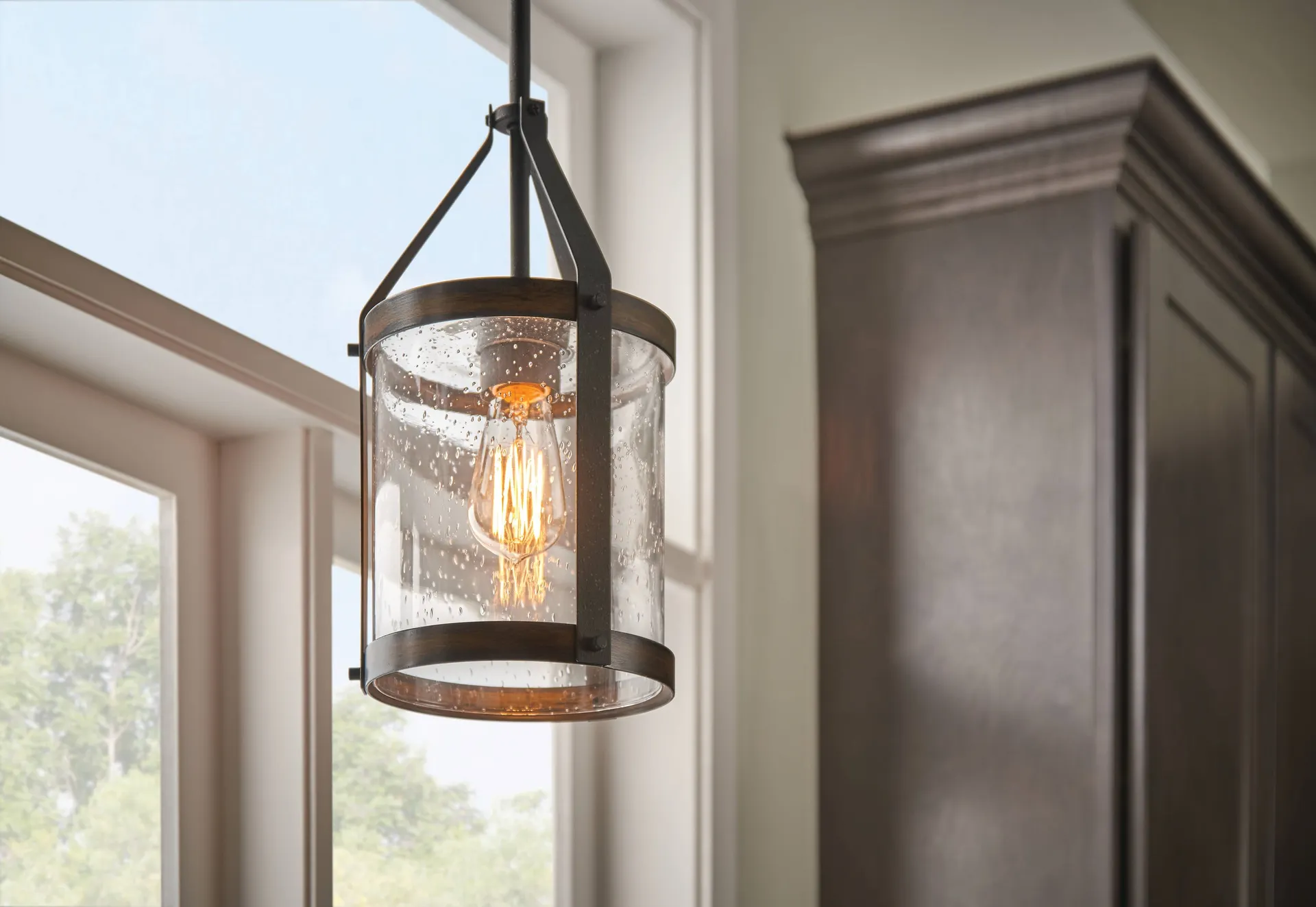 Barrington 1 -Light Distressed Black and Wood Tone Farmhouse Seeded glass Cylinder Small Hanging Pendant Light