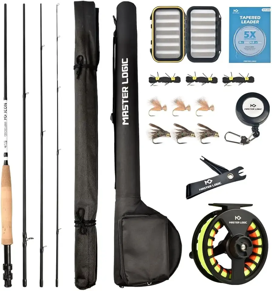 Fly Fishing Rod and Reel Combo Starter Kit, Graphite Fly Rod with Cork Handle, Die Cast Aluminum Reel, Fly Box Case & Fishing Flies and Carrying Case and Accessories