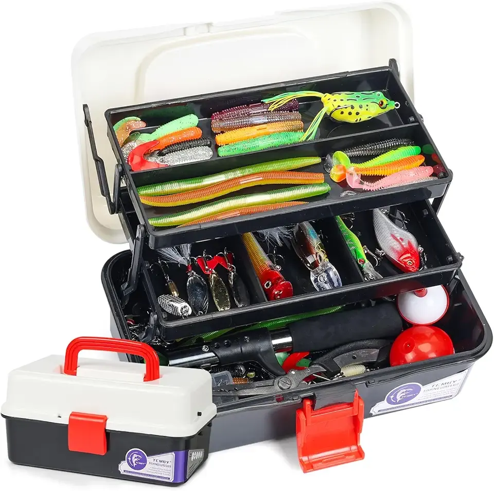 TCMBY 3 Layers Tackle Box with Tackle Included, 321Pcs Fishing Lures Kit Contains Pliers, Crankbait, Hooks, Weights & Accessories, Fishing Gear Bait Lure Gifts for Men Bass Freshwater (White Black)