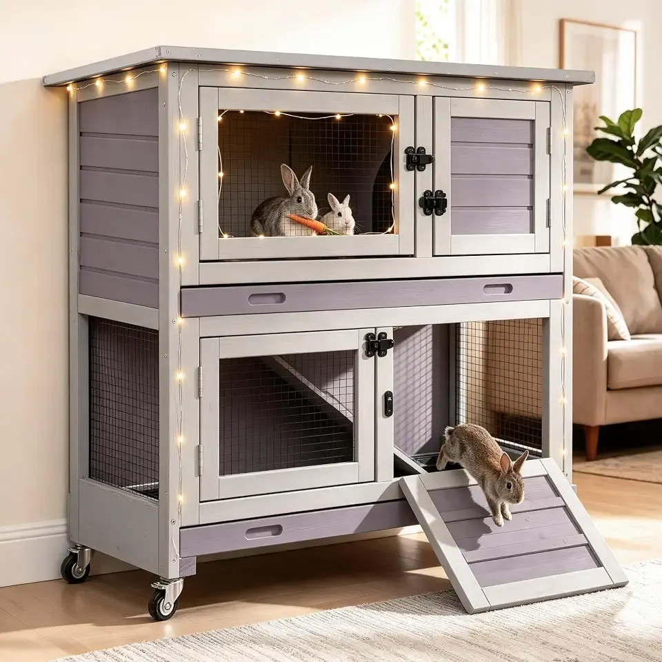 Suumerpety 2-Story Wooden Rabbit Hutch with Chew-Proof Ramp, Dual Leak-Proof Pull-Out Trays & 4 Lockable Wheels, Indoor Outdoor Bunny Cage for Rabbits & Guinea Pigs (Grey)
