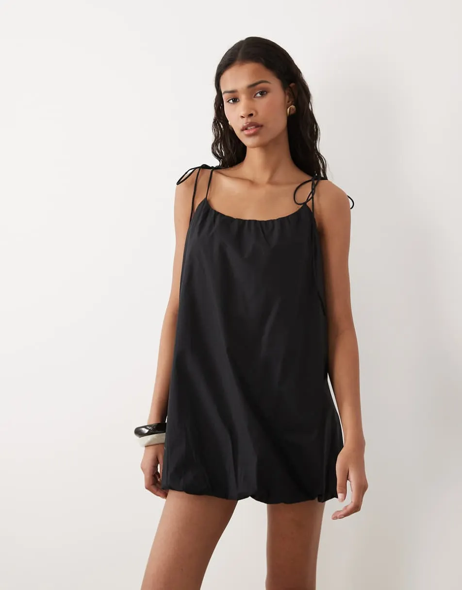 ASOS DESIGN poplin puff mini sundress with tie straps in black
