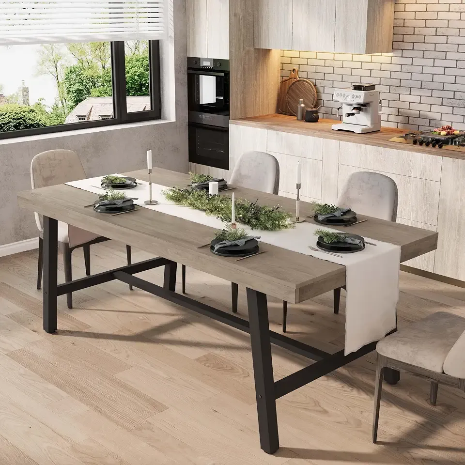 GarveeHome Industrial Dining Table for 6-8 People, 70.87" Long Large Kitchen Table with Sturdy Metal Frame, Rectangular Counter for Dinner, Kitchen, Dining Room (Grey, 71" Non-extendable)