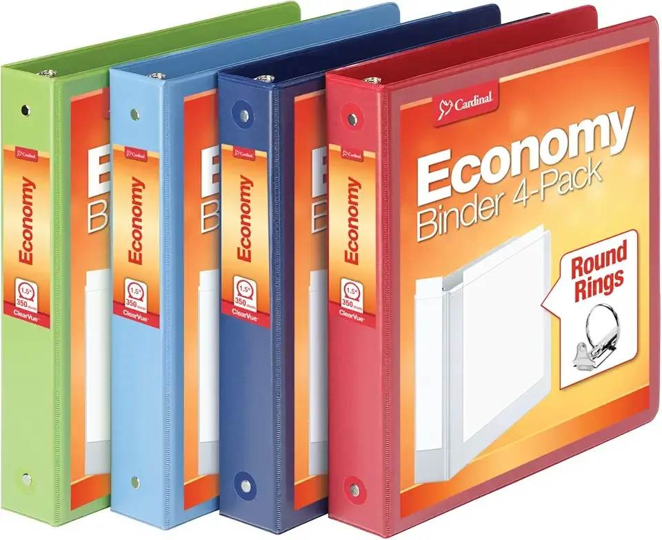 Cardinal 3 Ring Binders, Round Rings, Holds 350 Sheets, ClearVue Presentation View, Non-Stick, Assorted Colors (79550), 1.5 Inch (Pack of 4)