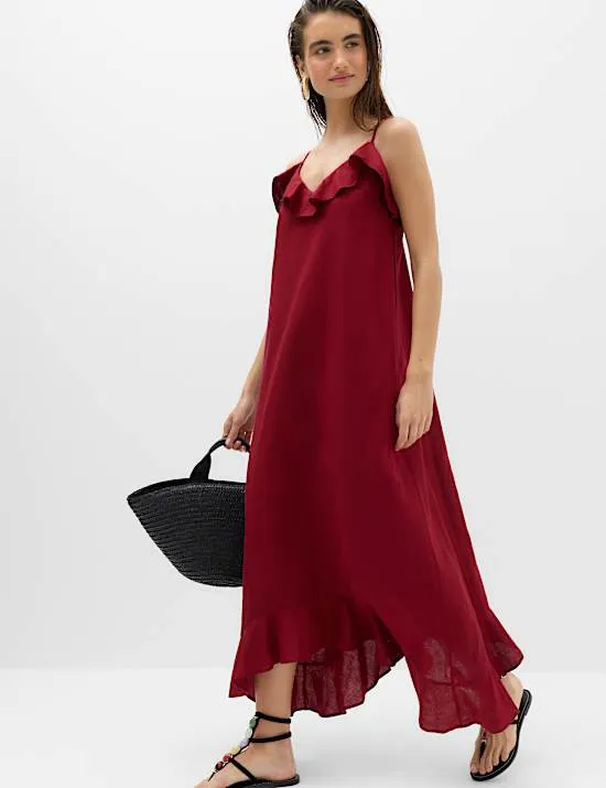 Maxikleid aus Leinenmischgewebe mit Rüschen