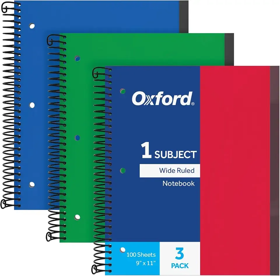 Oxford Spiral Notebook 3 Pack, 1 Subject, Wide Rule Journal, Durable Plastic Covers, 1 Pocket, 8.5 x 11 Inches, 100 Sheets, Red, Green, Blue (89802)