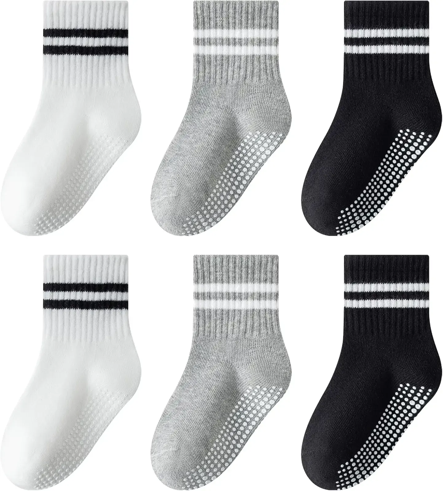 Toddler Non-Slip Socks Unisex Baby Grip Stripe Crew Cotton Socks | Seamless Ankle Socks with Retro Elastic Sock Cuff for Boys Girls Kids 6 Pairs
