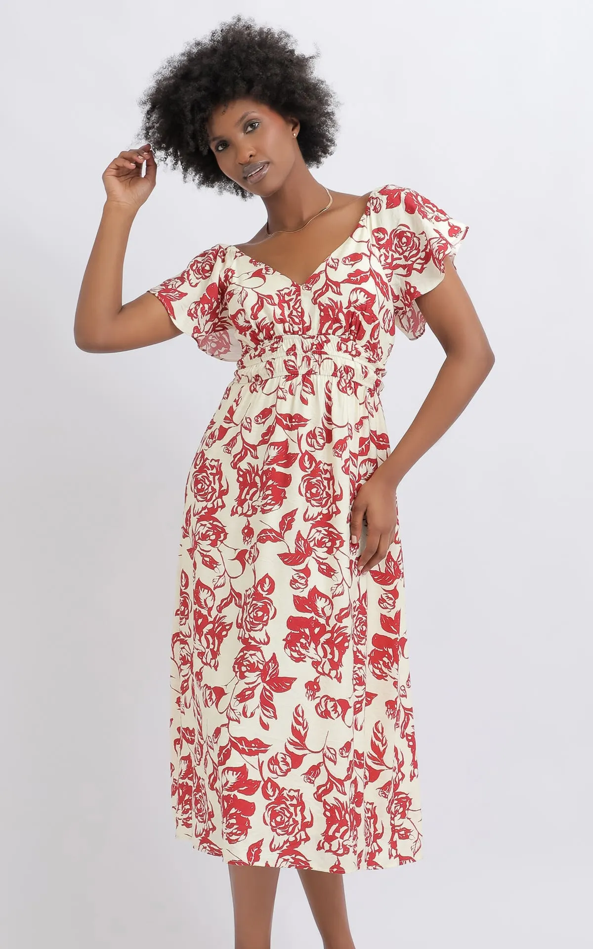 Voile Flutter Sleeve Midi Dress