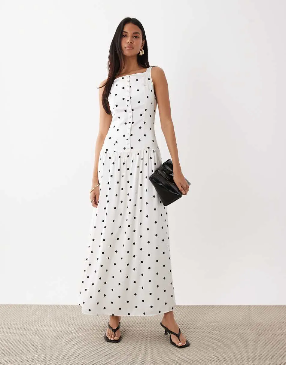Kaiia exclusive high square neck button through drop waist satin maxi dress in mono polka dot