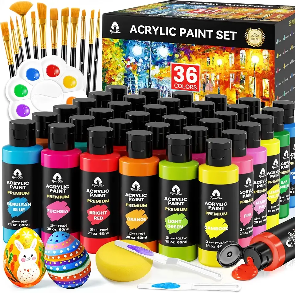 52 Pcs Acrylic Paint Set, 36 Colors 2oz/60ml with Brushes, Knives & Palette