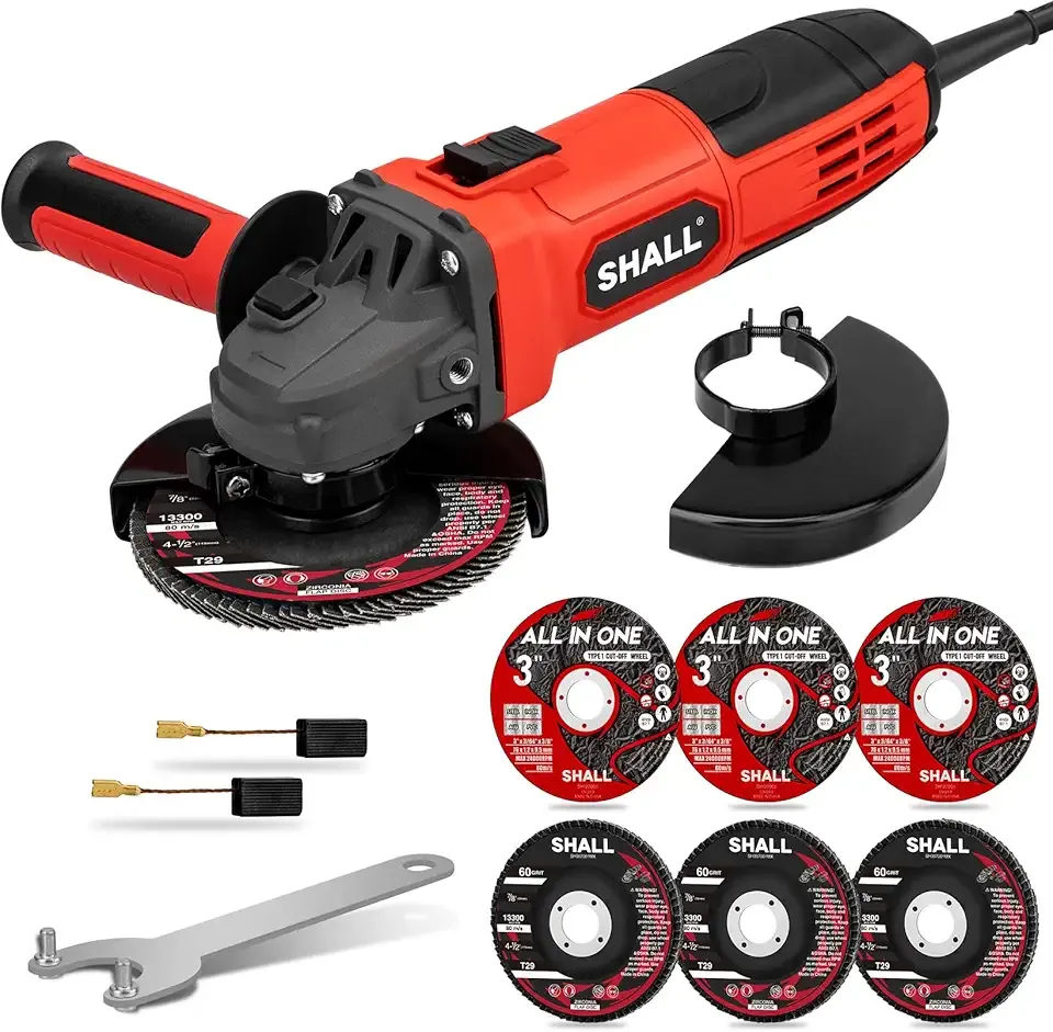 SHALL 4-1/2 Inch 11000 RPM Angle Grinder 4Amp with 2 Guards, 3 Cutting Discs, 3 Grinding Wheel, Non-Slip Handle, Wrench and Carbon Brush for Metal and Wood