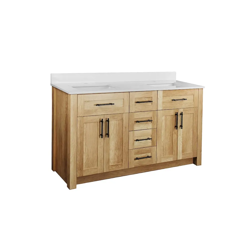 Home Decorators Collection Farley 60 inch Vanity with White Artificial Stone Vanity Top in Natural Wood Finish