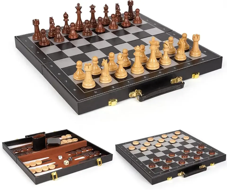 3 in 1 Magnetic Chess Set & Checkers Backgammon Board Game Set, 15" Wooden Folding Chess Board, Tournament Portable Travel Chess Set, Beginner Chess Board Game for Adults & Kids
