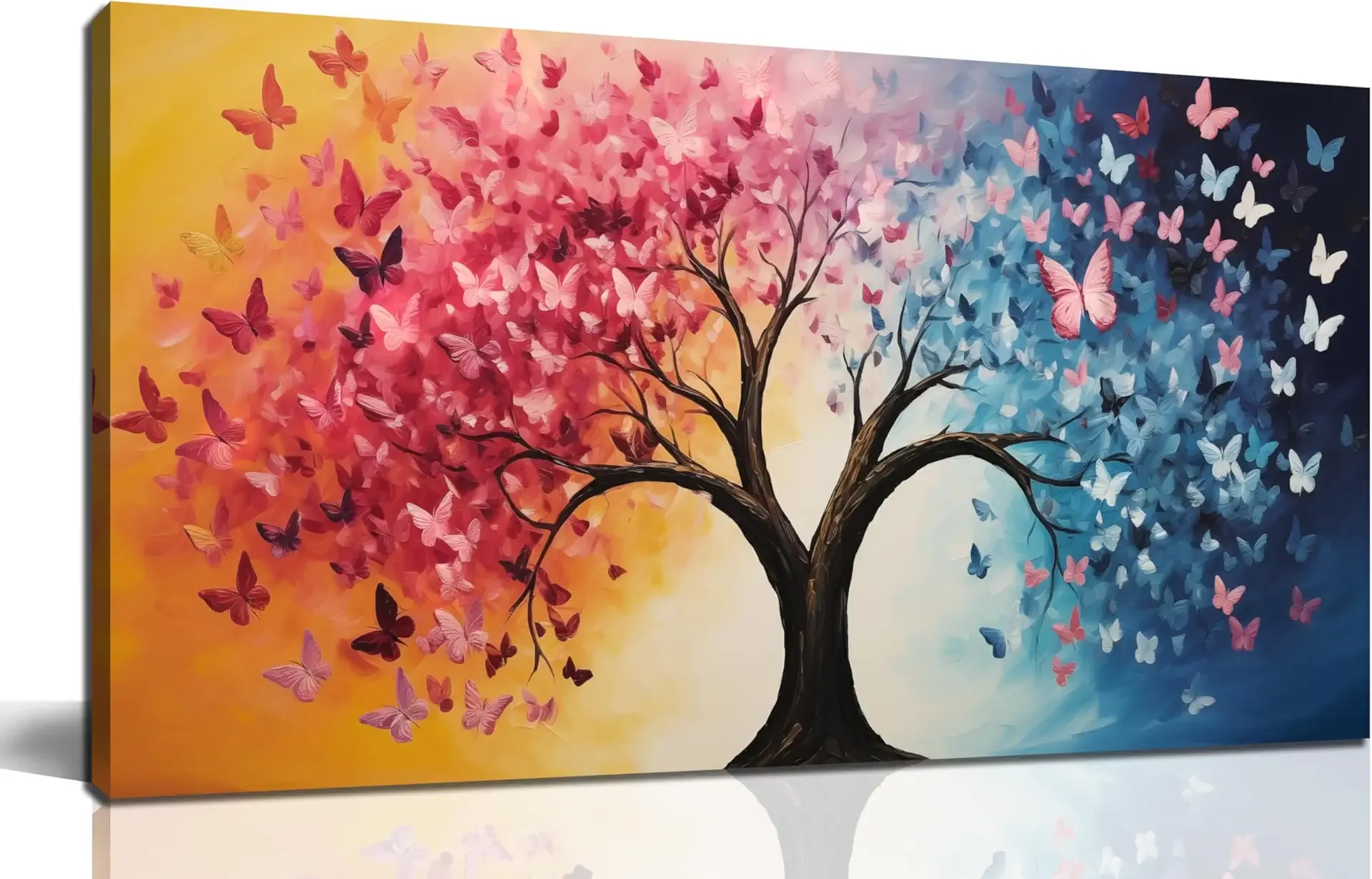 GUGIKA Tree Wall Art for Living Room, Pink Gold and Blue Butterflies Canvas Wall-Decor for Bedroom, Natural Picture Print for Hallway, Size 40x20 Inches