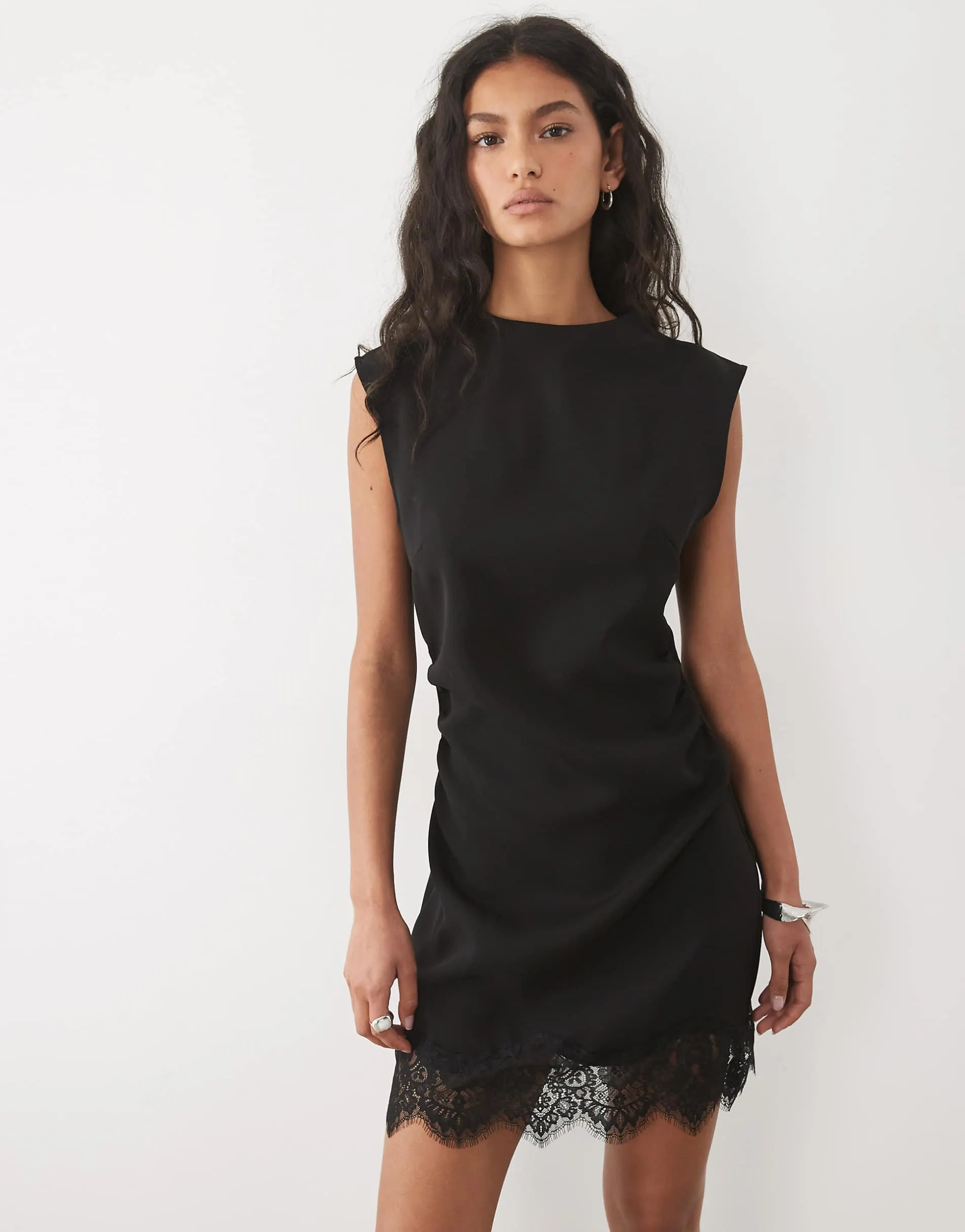 Mango sleeveless mini dress with lace trim in black