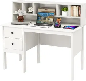 Mesa de Ordenador 120x60cm, 2 Cajones, Estante de 5 Cubís, Blanco, Moderno, para Oficina y Estudio