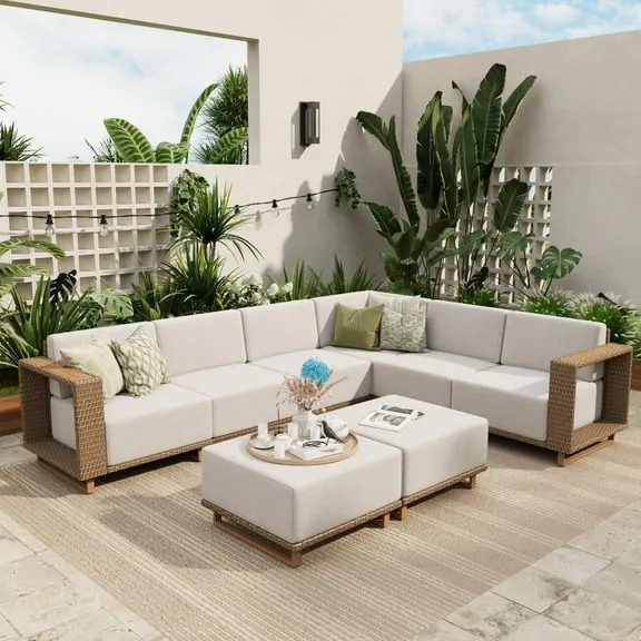 Sophia & William 8 Pieces L-shaped Wicker Patio Furniture Set 8-Seat Outdoor Cushioned Conversation Set, Yellow-Brown & Beige $1,059.99 Was $1,651.41