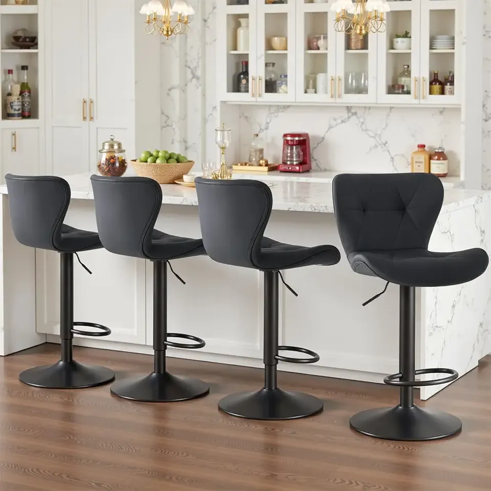 Sweetcrispy Modern Bar Stools Set of 4, Adjustable Faux Leather Upholstered Swivel Bar Stools, Counter Height Bar Chairs with Back for Kitchen Island, Black