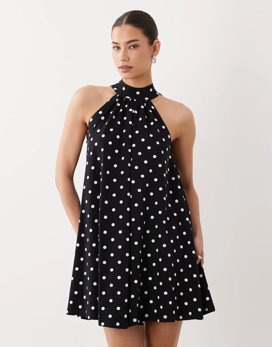 ASOS DESIGN bow detail mini dress in mono polka dot