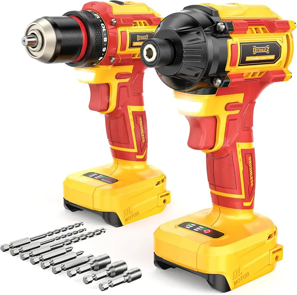 Cordless Brushless Drill Driver and Impact Driver Combo Kit Compatible with DeWalt 20V Battery(Tool Only), DIYtoolifz Brushless Power Tool Combo Set, High Torque, Compact Lightweight, 9 Bits