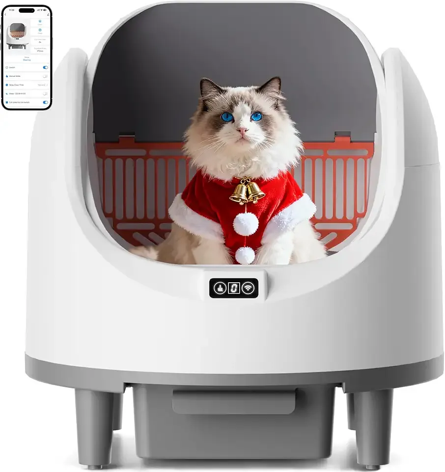 Bashaw Self Cleaning Litter Box, Large Capacity Automatic Litter Box for Multiple Cats, App Control, Safety Sensors, 2 Rolls of Garbage Bags (White)