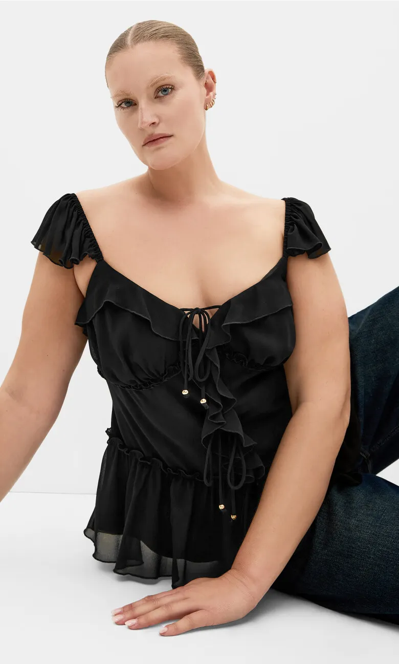 Bryn Frill Tie Top - black