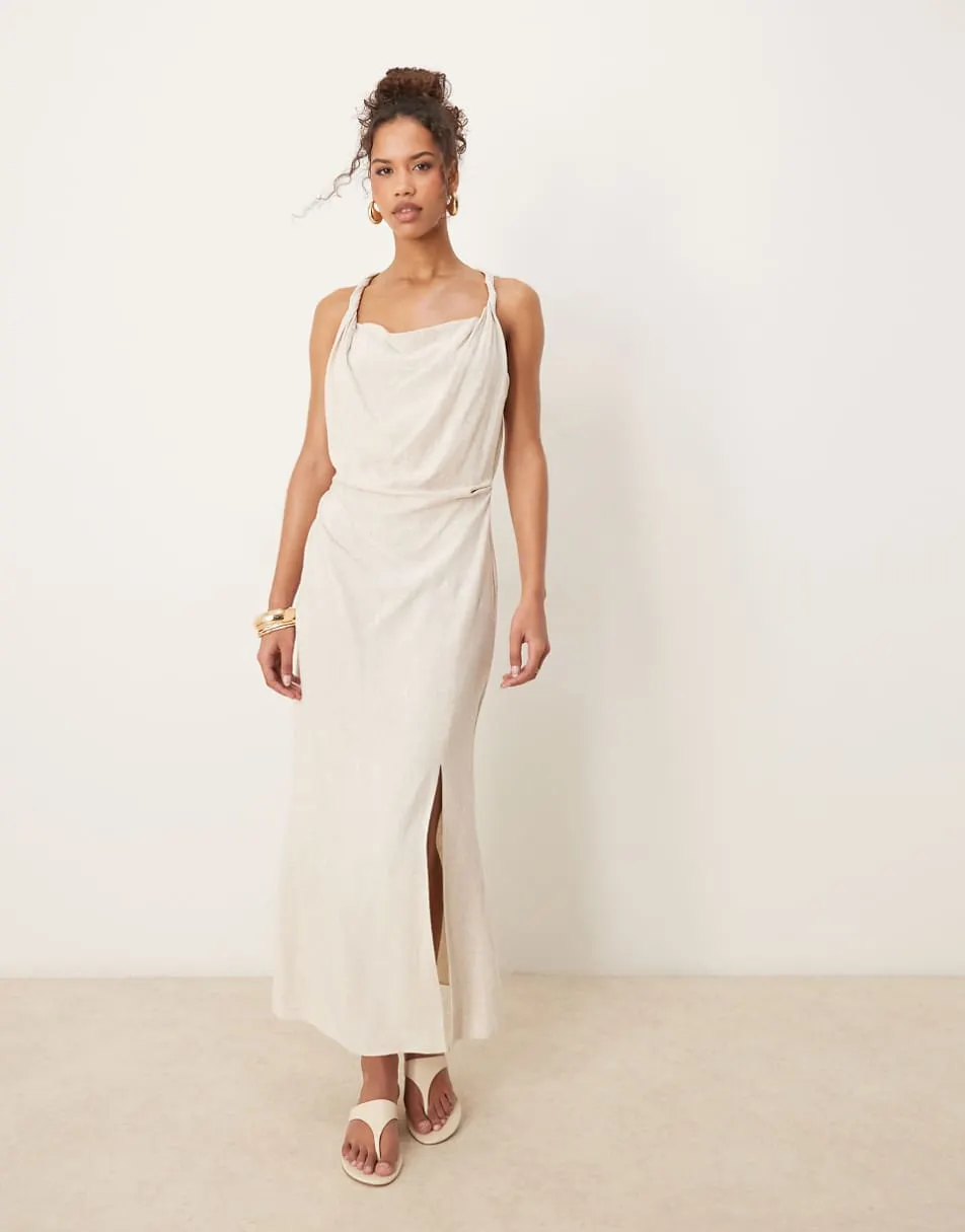 ASOS DESIGN linen twist shoulder detail midi dress with ruching in oat