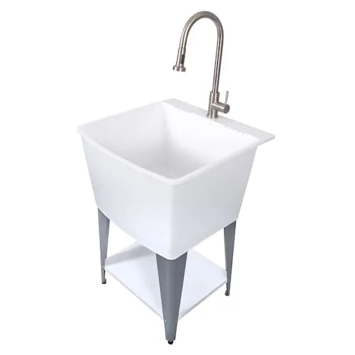 Heavy Duty 24" Utility Tub 85 liters with Stainless Steel Goose-Neck Faucet, Steel Legs, P-Trap and Stopper