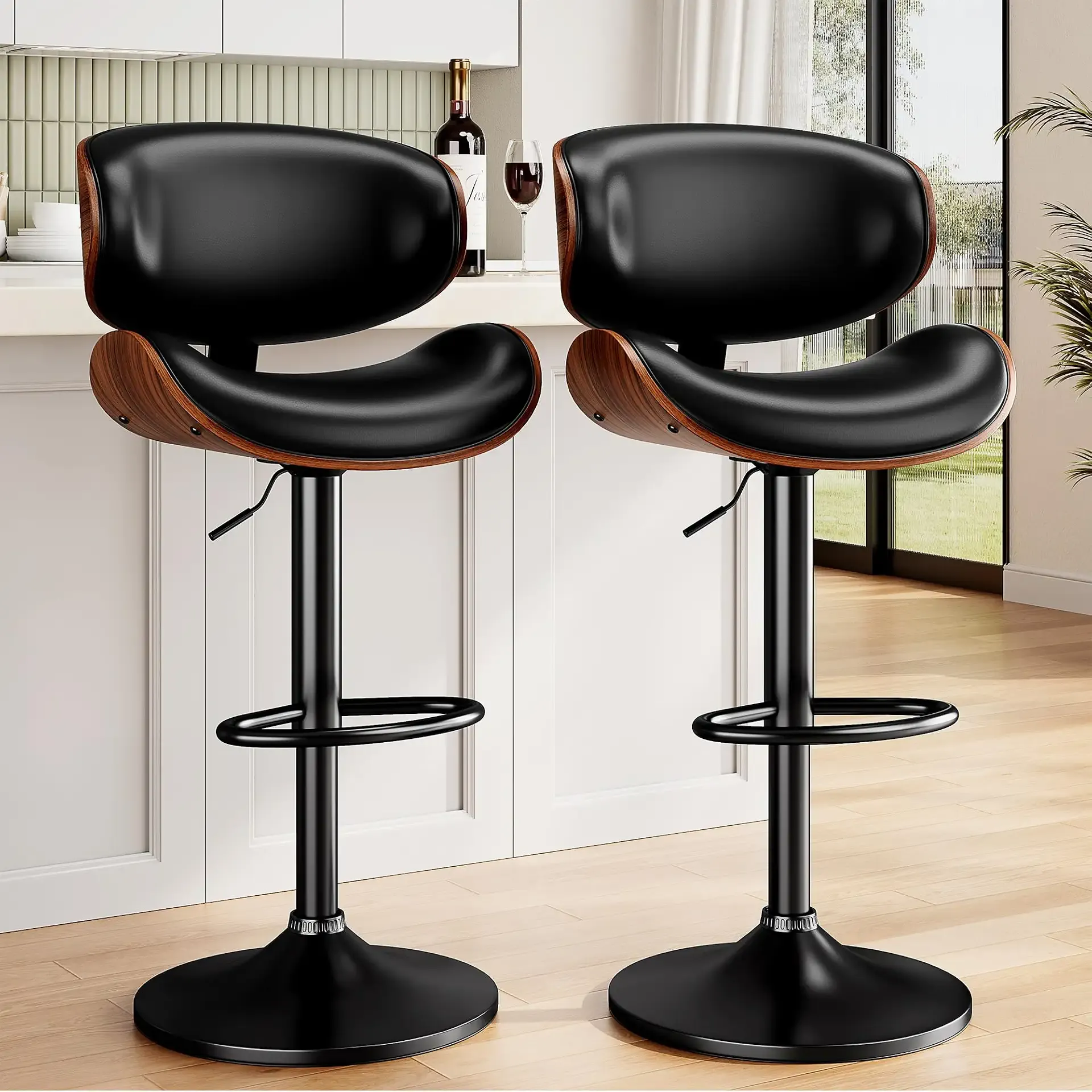 YaFiti Swivel Bar Stools Set of 2 for Kitchen Counter, Adjustable Bentwood Barstools, Modern PU Leather Upholstered Bar Chair with Back and Footrest, for Bar, Kitchen, Dining Room, Black