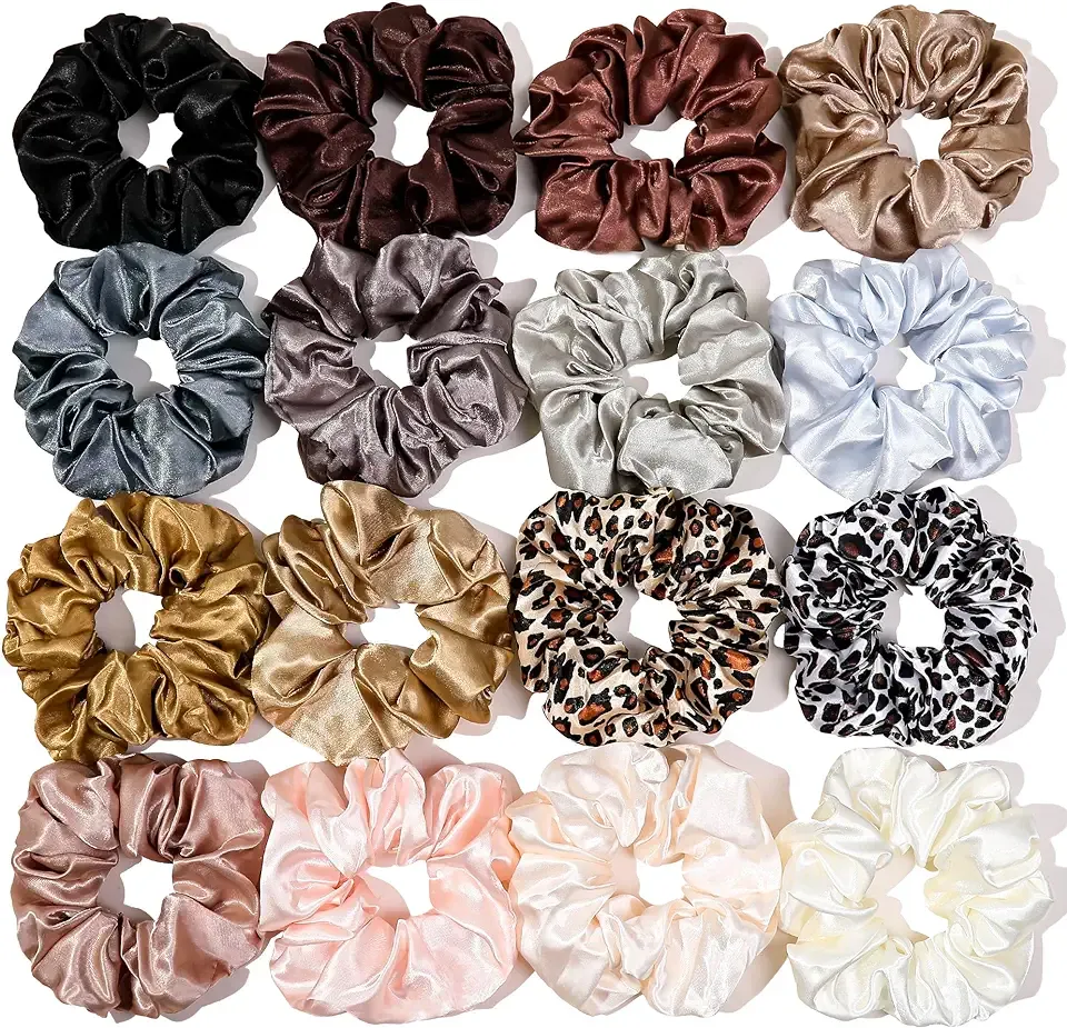 16 Scrunchies for Women - Satin Hair Ties and Bands, Big Ponytail Holders for Thick, Curly Hair, Cute No-Crease Pony Tails, No Damage