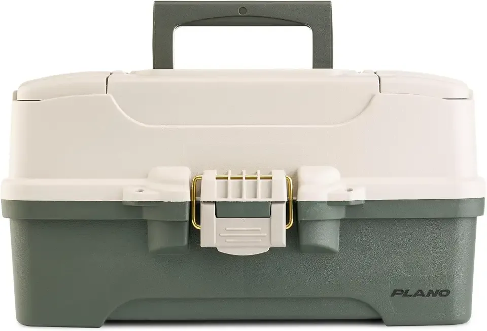 Plano Three-Tray Tackle Box, Green/Tan, Rust-Proof Brass Latch, Top-Access Tray with Deep Storage, Made in the USA, Portable Fishing Gear Storage Organizer