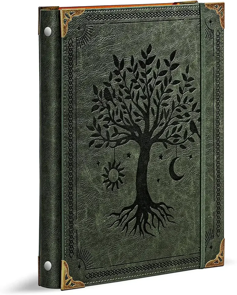 Leather 3 Ring Binder Fits 8.5"x11" Letter Size Paper, 1 Inch Round Ring Binder Holds 200 Sheets, Notebook Cover Loose Leaf Organizer, Green Tree