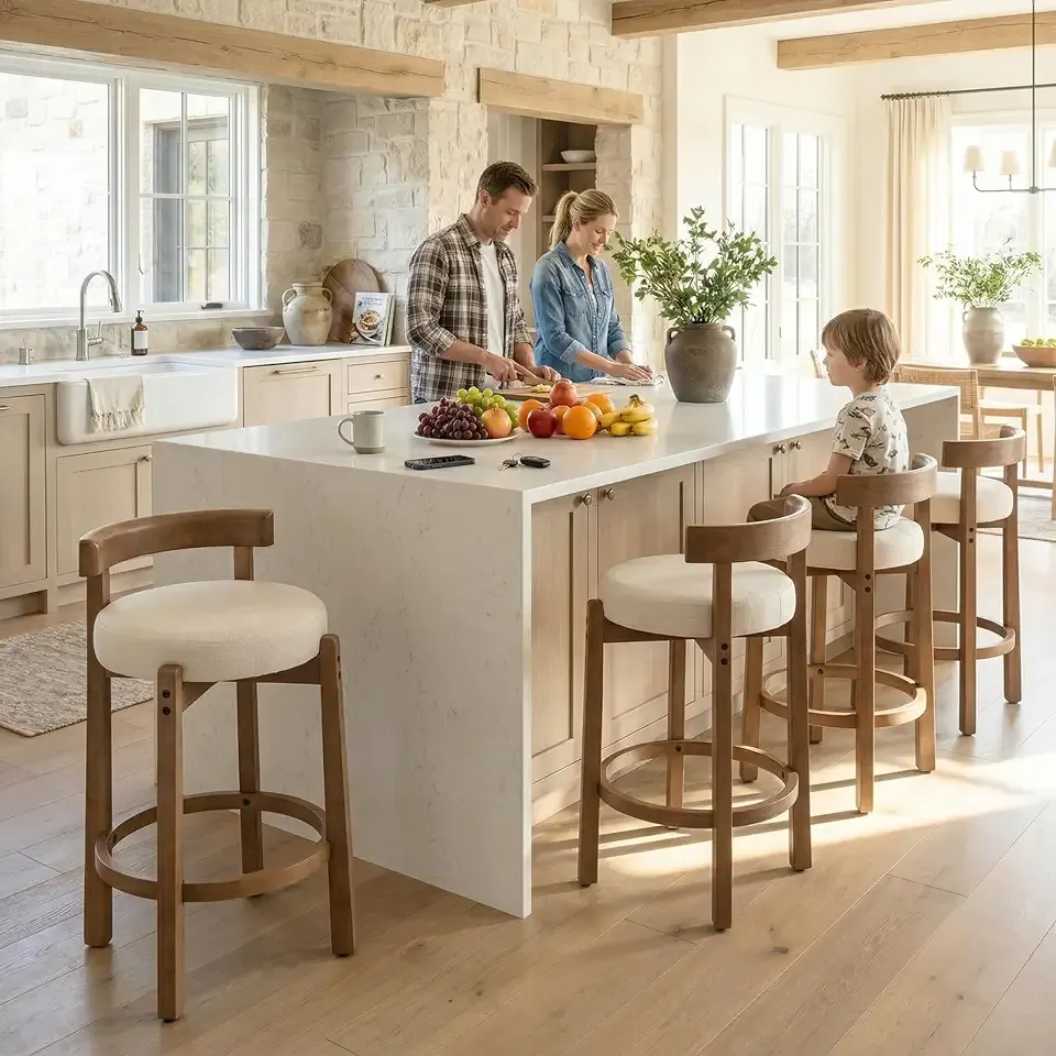 HNY Modern Linen Counter Stools Set of 4, Upholstered 26.5" Counter Height Barstools with Natural Wood Legs Mid Century Round Kitchen Stools with Low Back Footrest for Dining Room Cafe, Beige