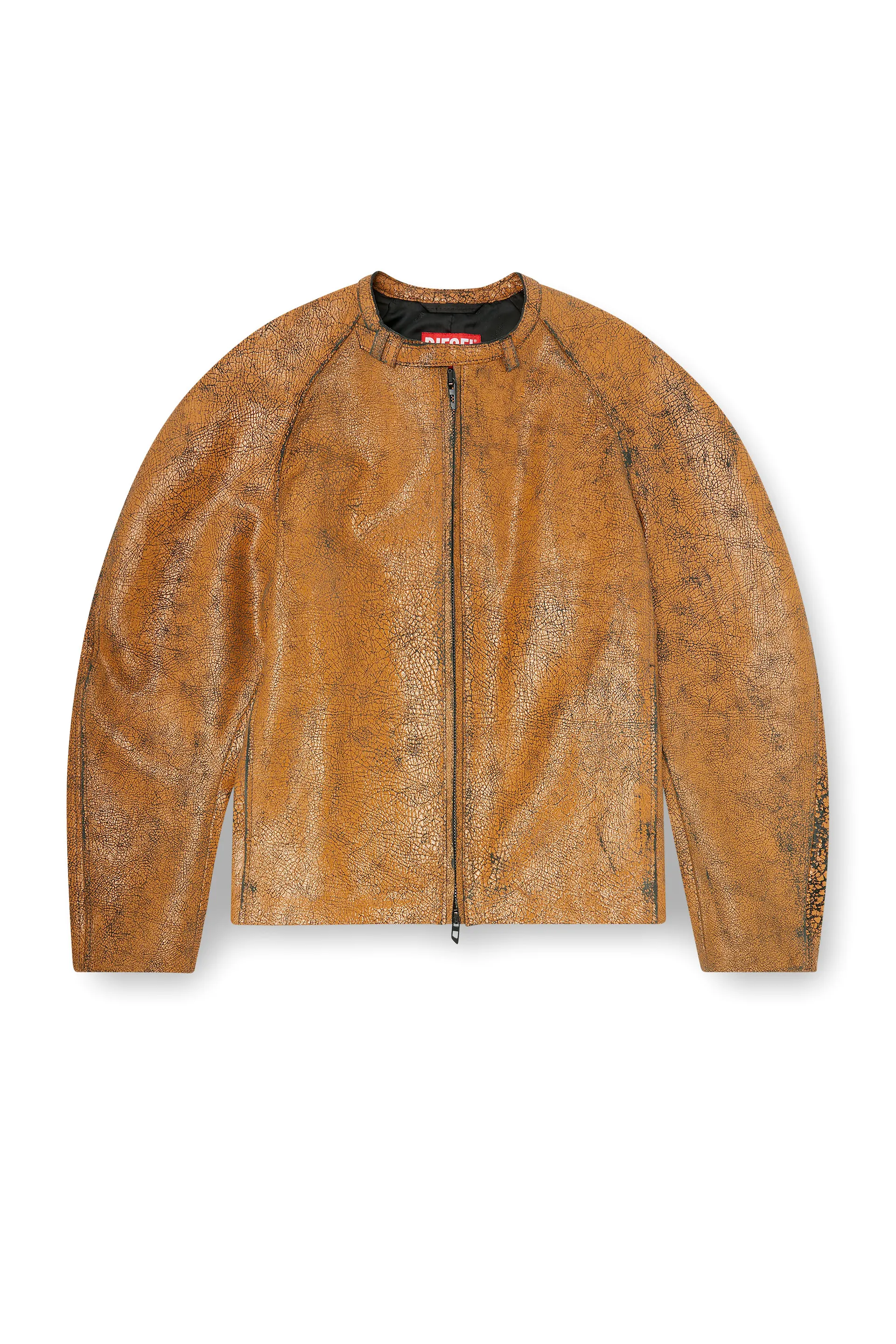 Cocoon-sleeve biker jacket in cracked leather