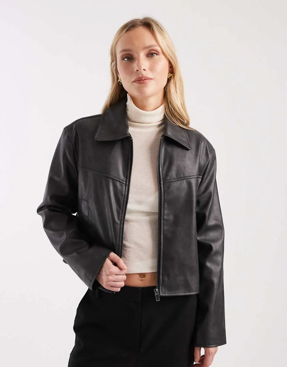 ASOS DESIGN Petite leather look top collar jacket in washed black