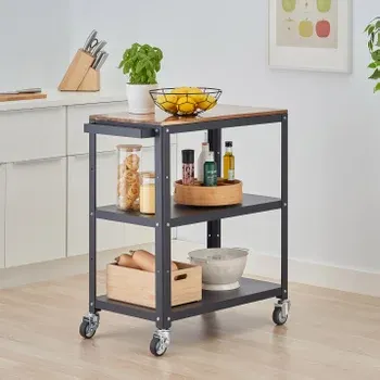 TRINITY 3-tier Metal Kitchen Cart with Acacia Top