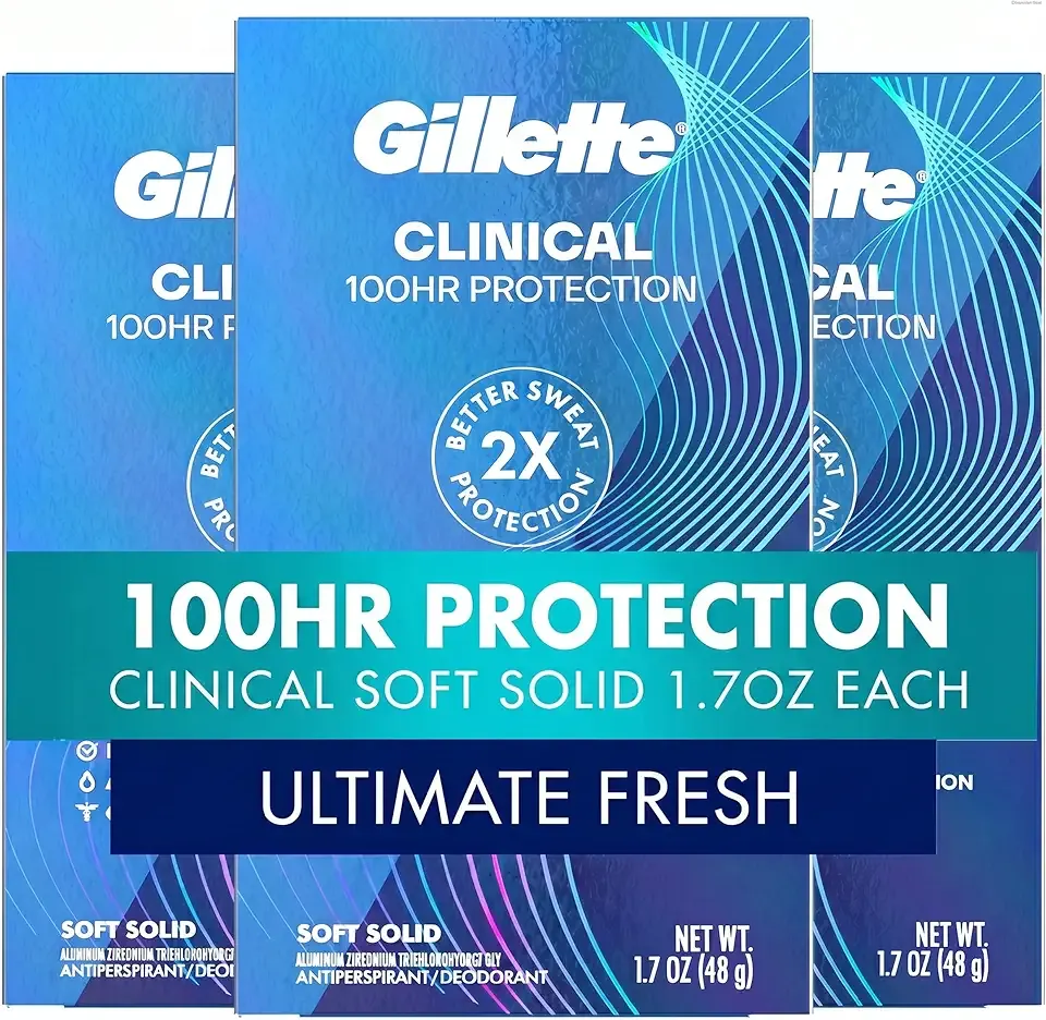 Gillette Clinical Antiperspirant and Deodorant for Men, 100HR Sweat & Odor Protection, Long Lasting Freshness, Anti-White Mark Technology, Soft Solid, Ultimate Fresh Scent, 1.7 oz (Pack of 3)