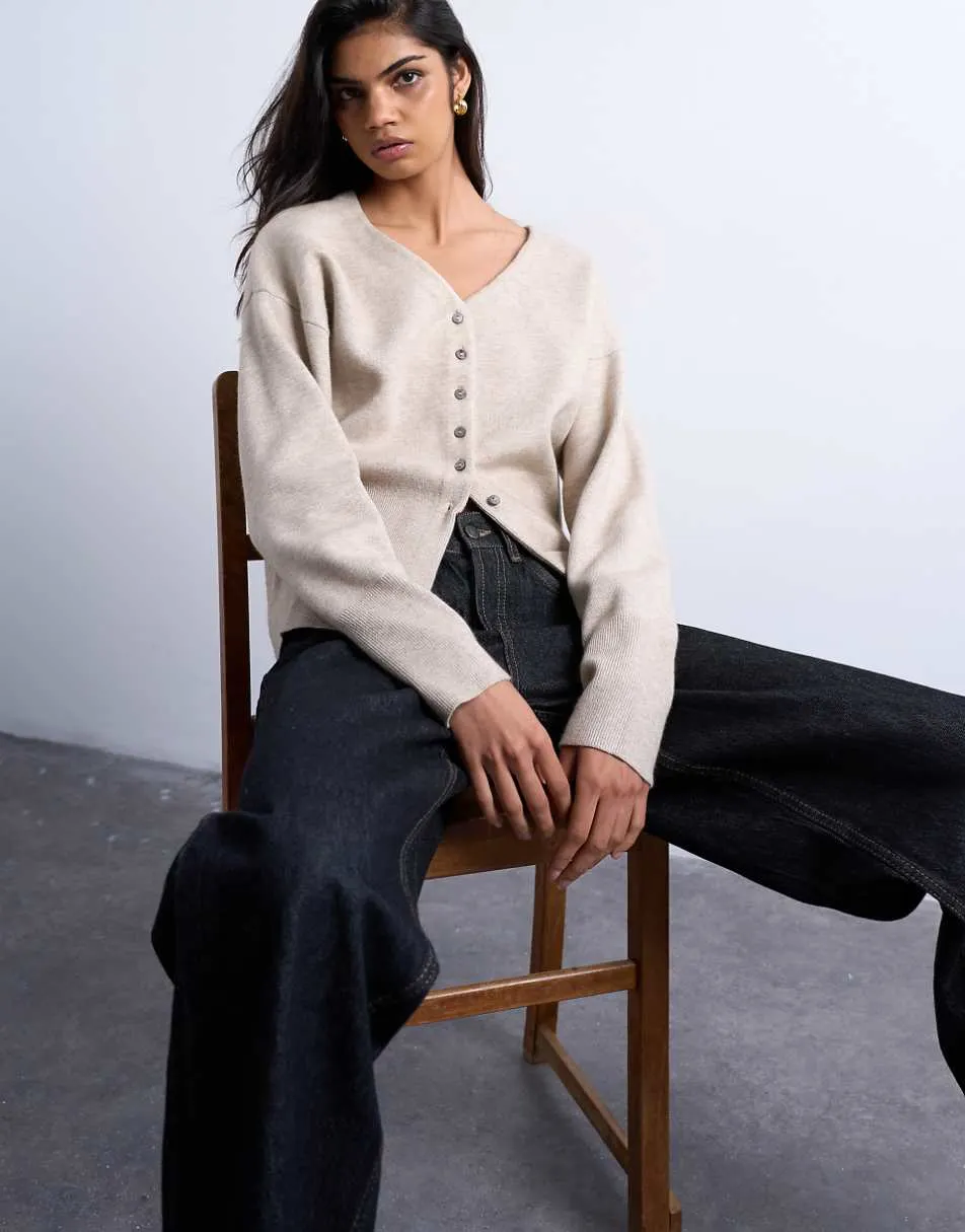 Topshop knitted V neck longline clean cinch waist cardigan in oat