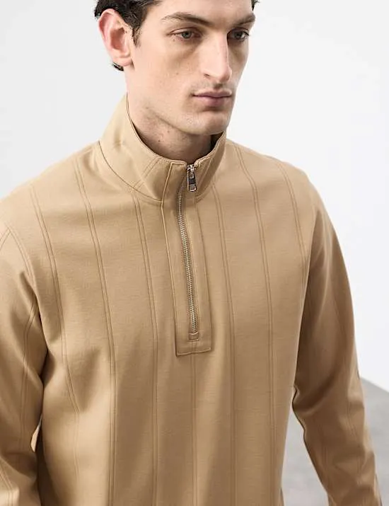 Strukturierte Jacke aus reiner Baumwolle mit halbem Reißverschluss und Streifenmuster