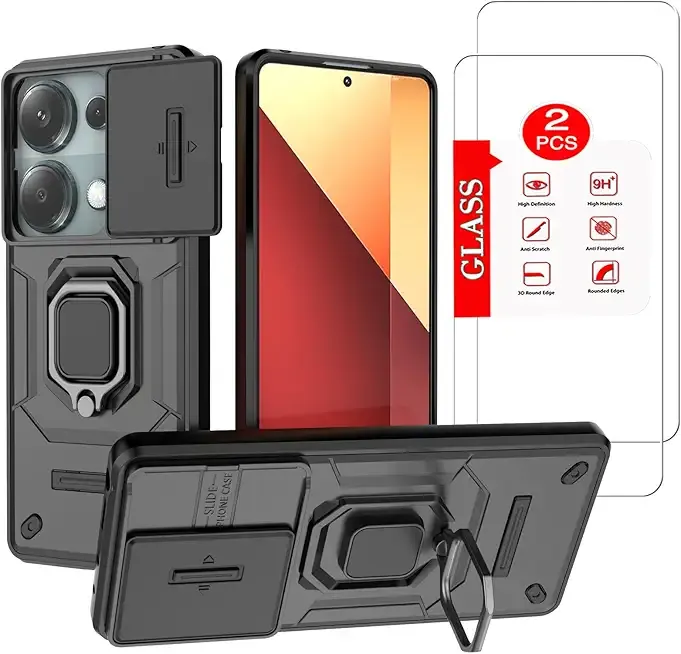 for XiaoMi RedMi Note 13 Pro 4G【Not fit 5G】 Case with [2 Pack] Tempered Glass Screen Protector, for RedMi Note 13 PRO 4G [Military-Grade] Protective，Lens Protects Magnetic Kickstand Case Black