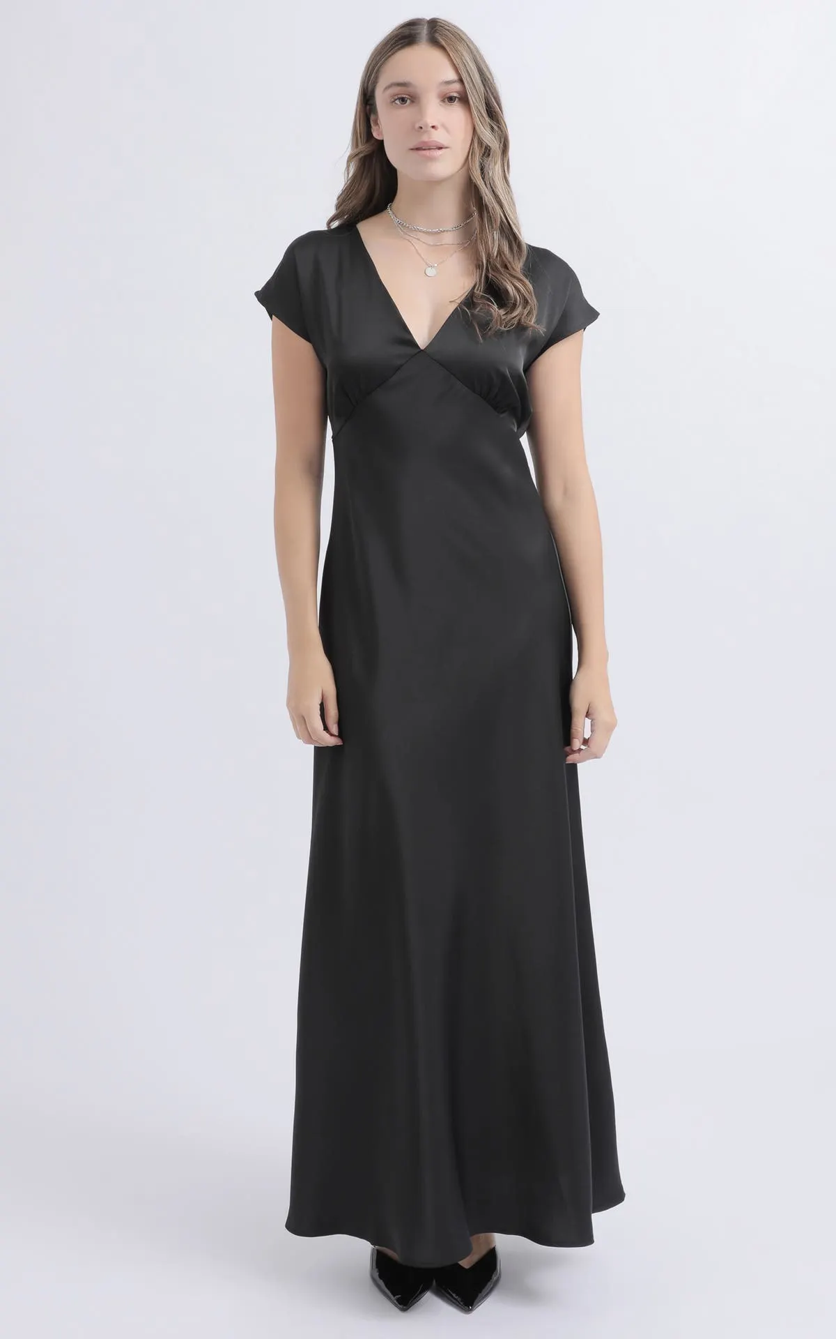 Satin Bias Cap Sleeve Gown