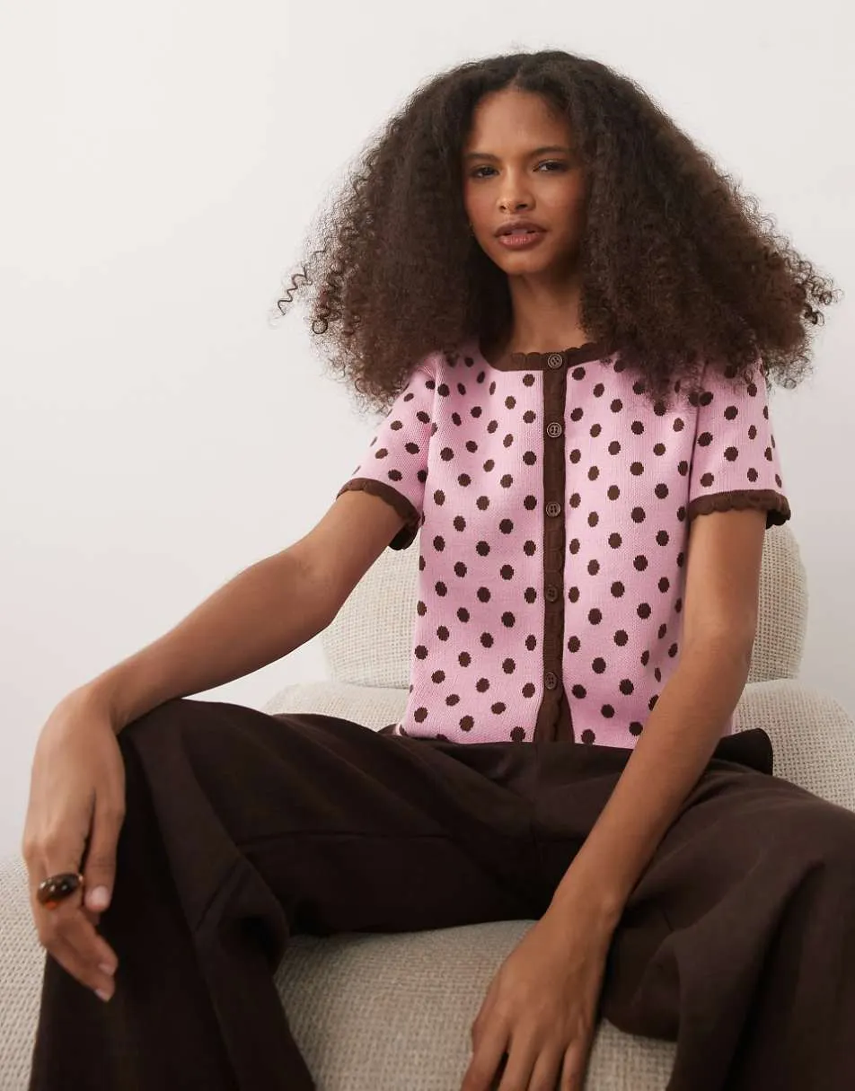 Miss Selfridge short sleeve blanket stitch cardigan in polka dot