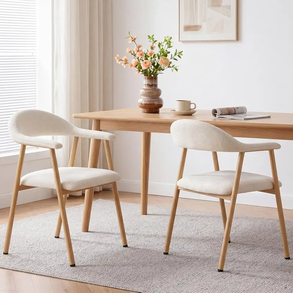DUMOS Dining Chairs Set of 2, Linen Fabric Upholstered Kitchen Side Chairs with Curved Backrest & Metal Legs, Modern Farmhouse Accent Chairs for Dining Room Kitchen Living Room Cafe, Beige